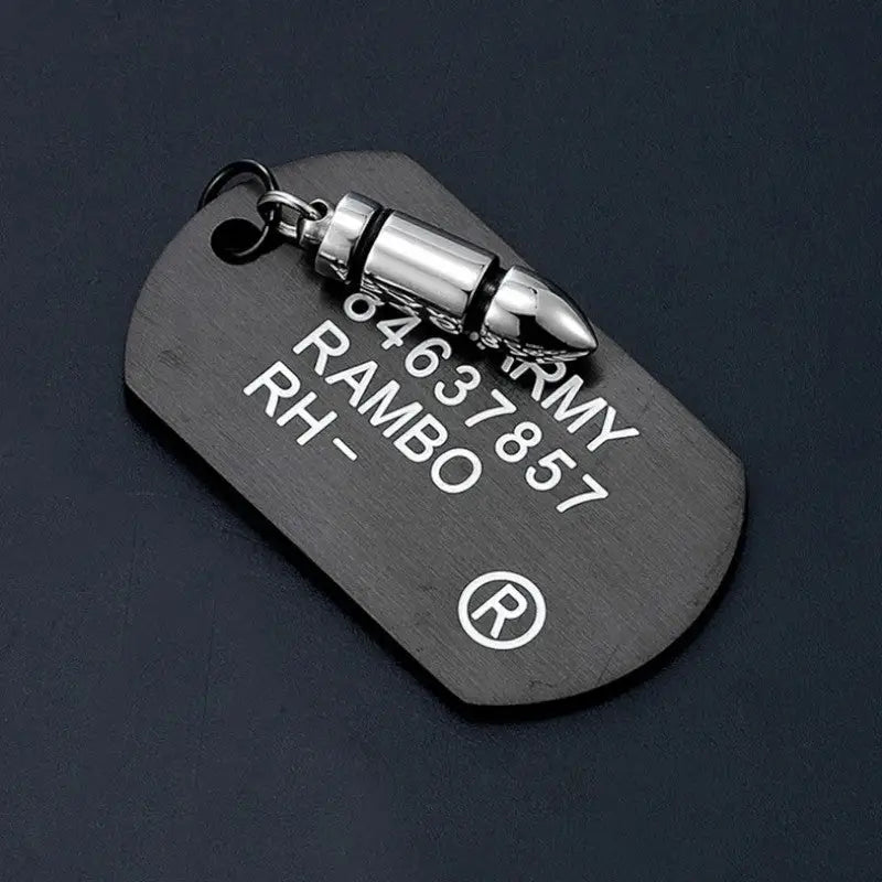 PLAQUE MILITAIRE AVEC MOTIF MUNITION (ACIER INOXYDABLE)
