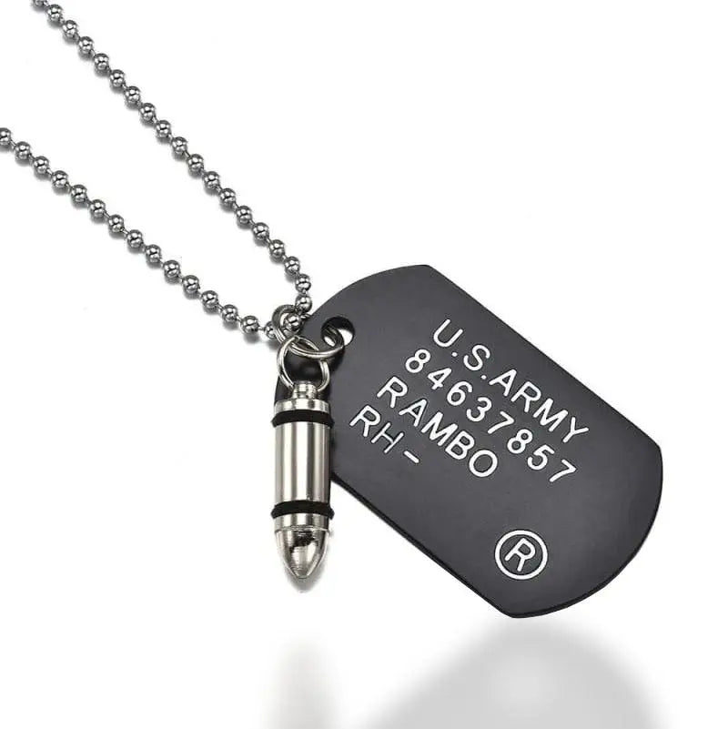 PLAQUE MILITAIRE AVEC MOTIF MUNITION (ACIER INOXYDABLE)