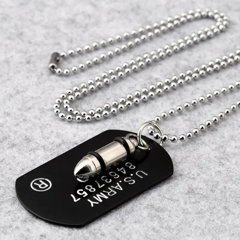 PLAQUE MILITAIRE AVEC MOTIF MUNITION (ACIER INOXYDABLE)